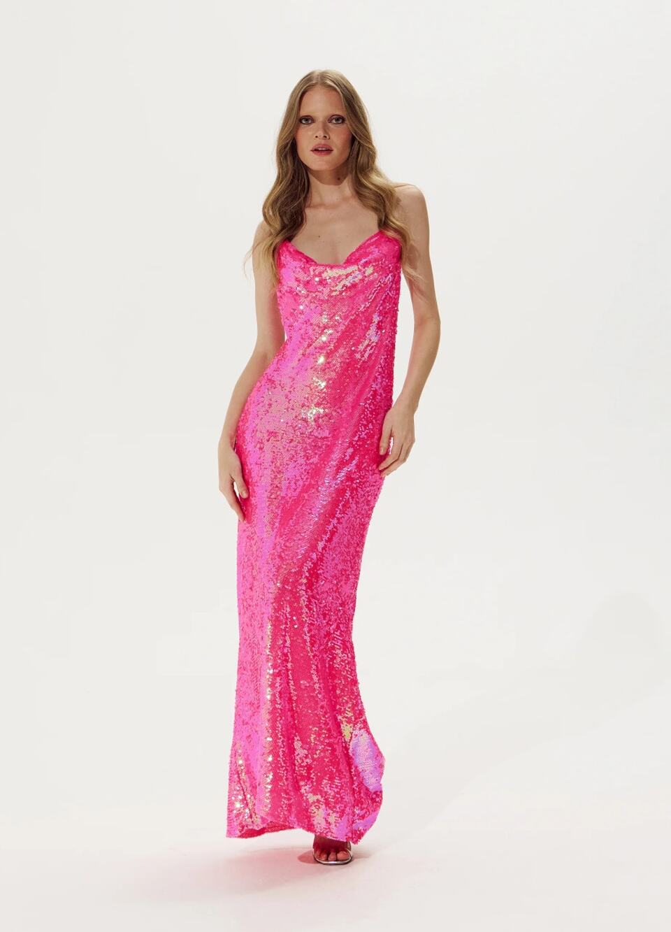 Terani Couture Sequin Gown Womens 6 Pink Open Back Thin Straps Cowl Prom Dress